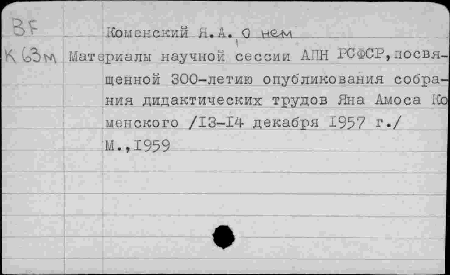 ﻿Коменекий Я. A. Q н&лл__________
i
V\ (o5v\ Материалы научной сессии АПН РСфСР,посвященной 300-летию опубликования собрания дидактических трудов Яна Амоса Ко йенского /13-14 декабря 1957 г./ М.,1959